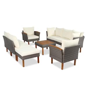 9-Piece Wicker Patio Conversation Set with Acacia Wood Legs and Tabletop with Beige Washable Cushions Coffee Table