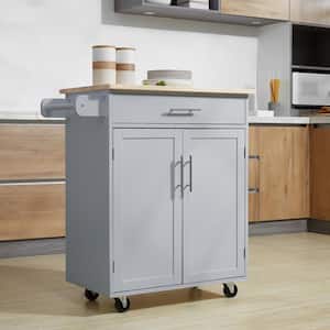 Grey Rolling Kitchen Island Cart with Drawer, Interior Cabinet and Towel Rack