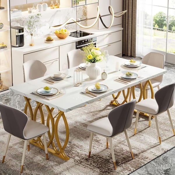 Roesler White Wood 63 in. Trestle Rectangle Dining Table Seats 4-6 with Faux Marble Table Top and Gold Geometric Legs