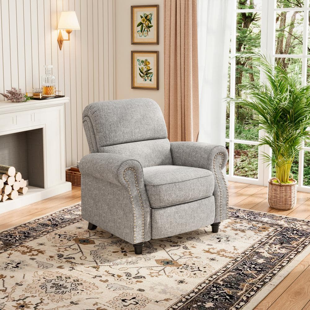ProLounger Textured Gray Chenille Pushback Recliner with Nailhead Trim -  RCL12-END16-PB