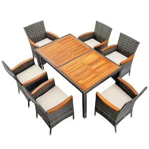 7-Piece Acacia Wood Outdoor Dining Set with Beige Soft Waterproof Cushion