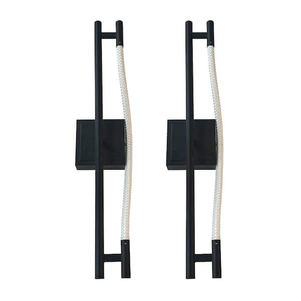 25 in. 1-Light Black Braided Light Strip LED Wall Sconces, Dimmable  with Remote for Bedroom and Living Room, 2 Pack