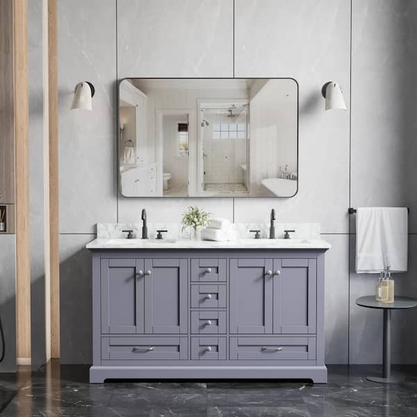 60 in. W Freestanding Dark Gray Bath Vanity with Carrara White Marble Top, Double Sink, Assembled