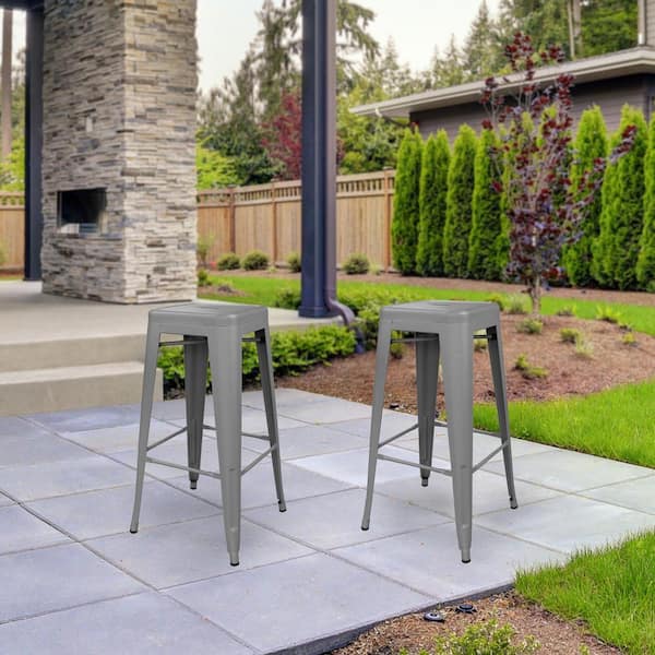 30 in. Gray Metal, Backless, Zinc Plated, Outdoor Use Bar Stool (Set of 2)