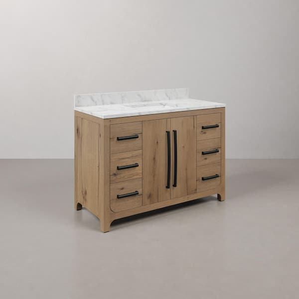 Perris 48 in. Single Sink Bath Vanity in Weathered Oak with Carrara White Engineered Stone Top