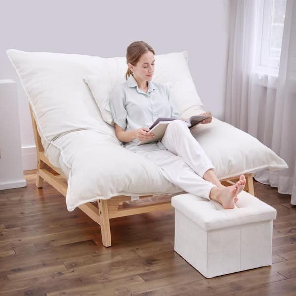 Wood Outdoor Oversized Chaise Lounge Chair Sets with White Cushions Sofa Chair Loveseat Couch with Removable Upholstered