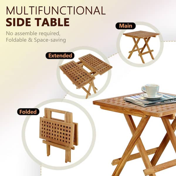 Teak 20in. Square Wood Folding Outdoor Side Table, Portable Coffee