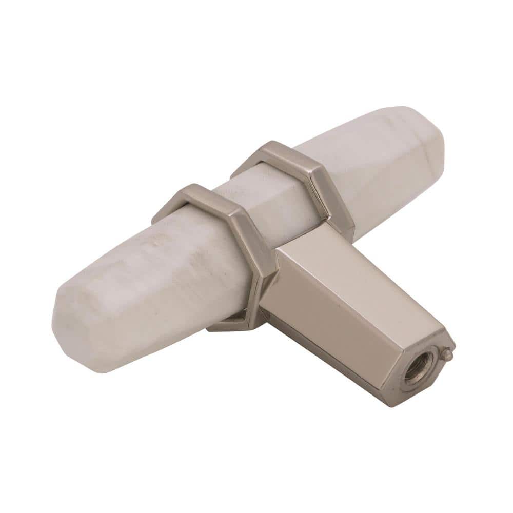 2.5 Inch Marble White and Polished Nickel T-Handle Knob