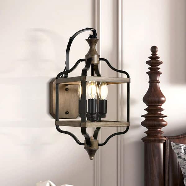 Oaks Aura Sogno 12 in. 4-Light Matte Black Vintage Farmhouse Wall Sconce, Wood Grain Finish Rustic Industrial Wall Light, E12 bulb