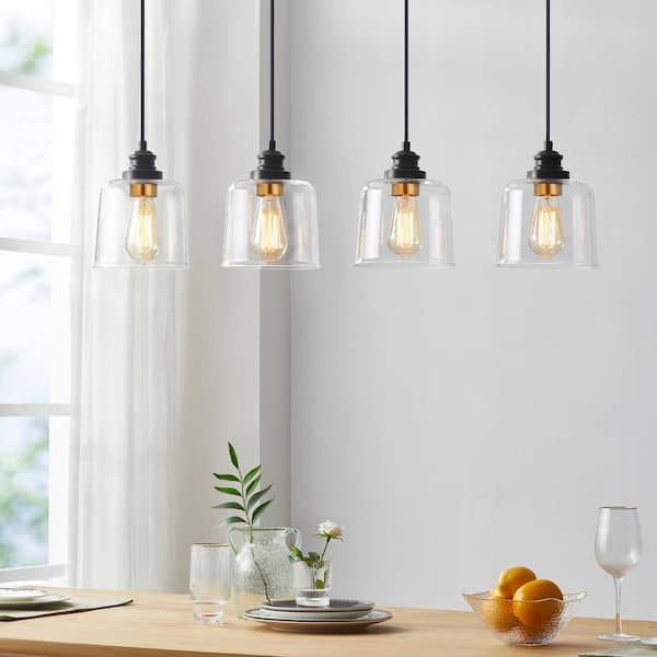 KAWOTI 37 in. 4 Light Bronze Farmhouse Kitchen Island Pendant Light with Drum Glass Shade 21045