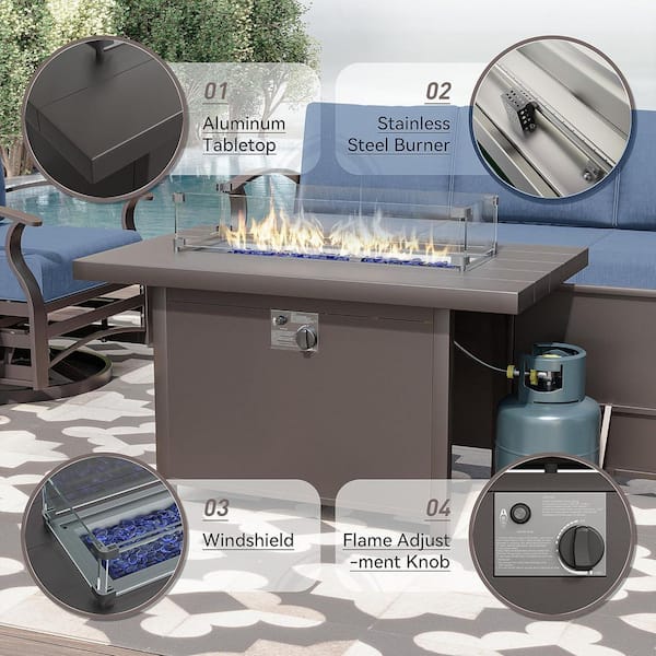 5-Piece Aluminum Patio Fire Pit Sectional Seating Set with armrest, Swivel Rocking Chairs,coffee table and Navy Cushions