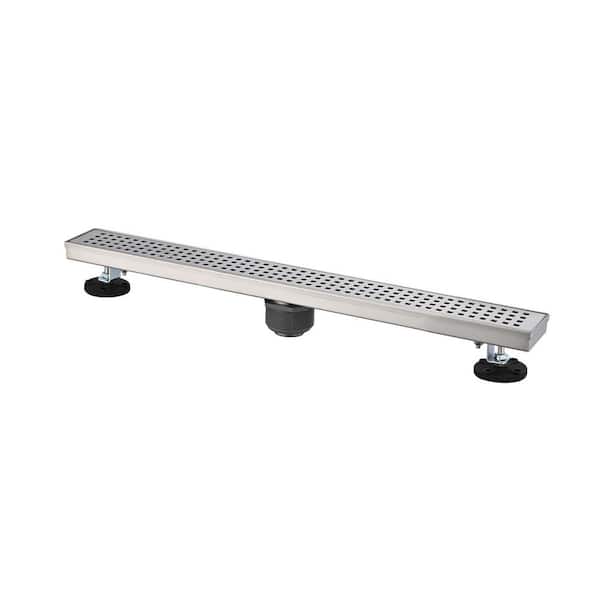 24 in. Stainless Steel Shower Drain with Square Pattern Drain Cover, Hair Strainer and Leveling Feet in Brushed Nickel