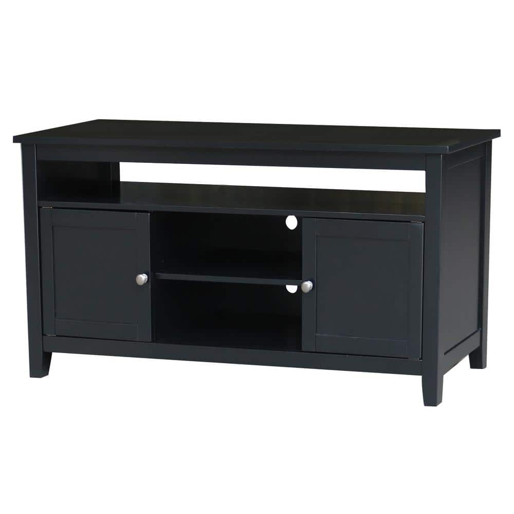 Black Solid Wood TV Stand with Cabinets and Shelves