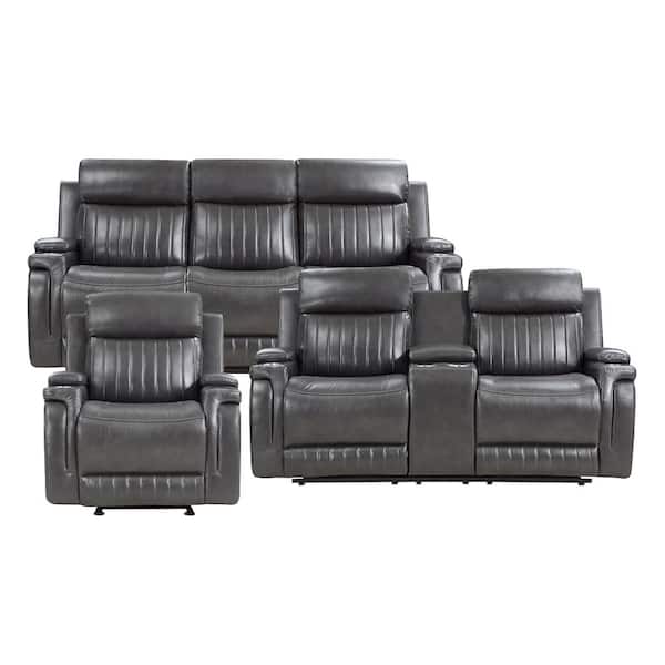 Lazzara Wise 82 in. W. Straight Arm Faux Leather Rectangle 3-Piece Manual Reclining Sofa Set in Dark Gray