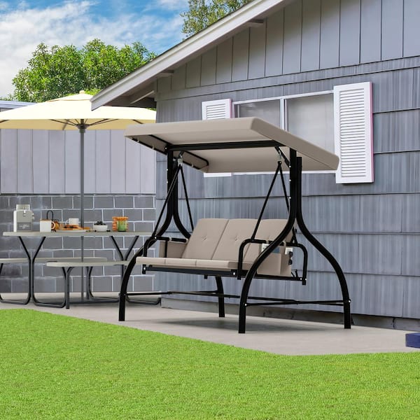 DEXTRUS 3-Seat Brown Patio Swing Chair with Adjustable DEXTRUS 3-Seat Brown Patio Swing Chair with Adjustable
