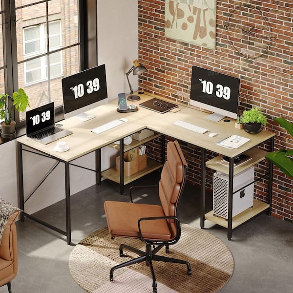 Bestier 95 in. L-Shaped Light Oak Computer Desk with Storage Shelves