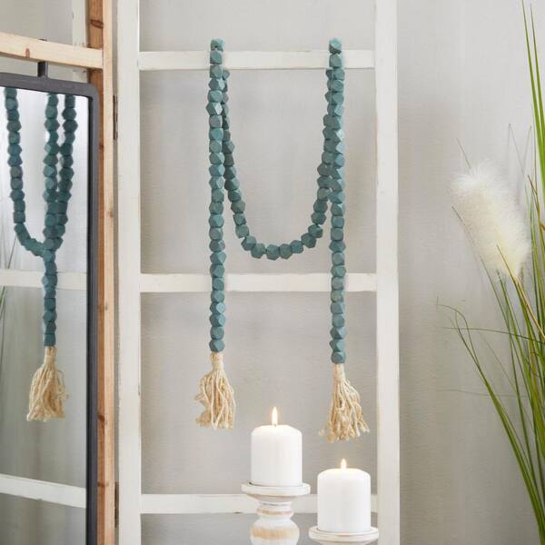 Blue gray wood bead garland with jute tassels, boho home decor, jewelry for  the home, rustic bead garland, farmhouse beads