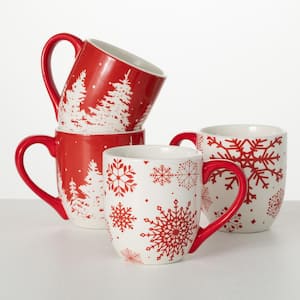 12 oz. Christmas Holiday Stoneware Mug - Set of 4; Red
