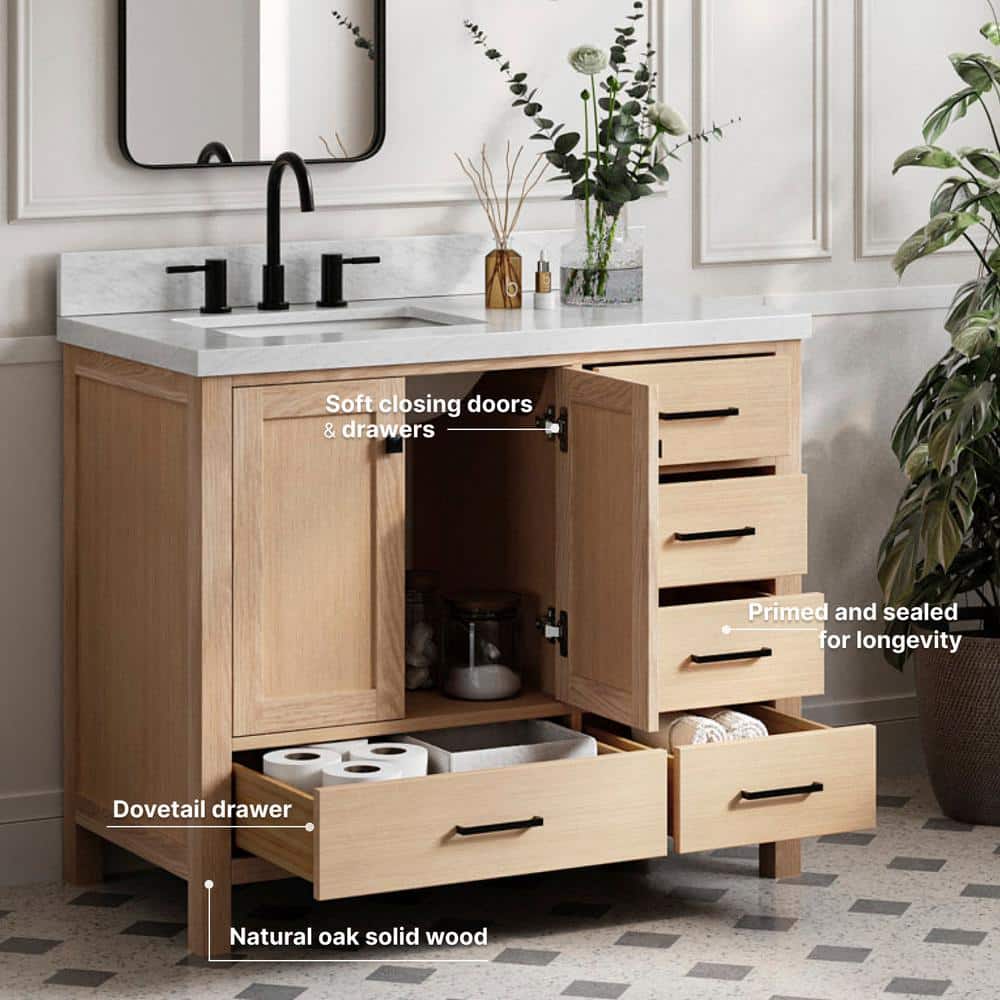 Cambridge 42'' Oak Freestanding Bathroom Vanity with Carrara Marble Top