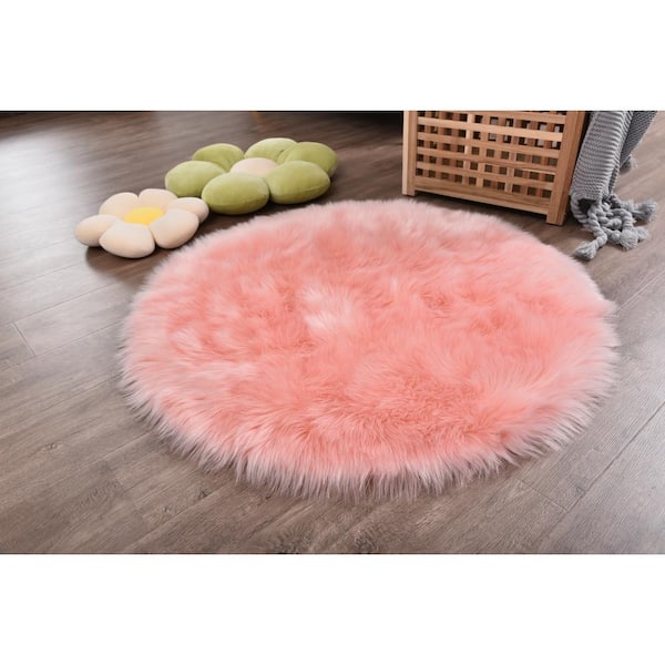 Latepis Sheepskin Faux Furry Pink Cozy, Round Fur Rug Nz