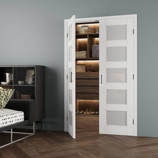 36 in. x 80 in. 5-Lite Frosted Glass Universal White Solid Core Glass Double Prehung French Door+ Frame Set & Ball Catch