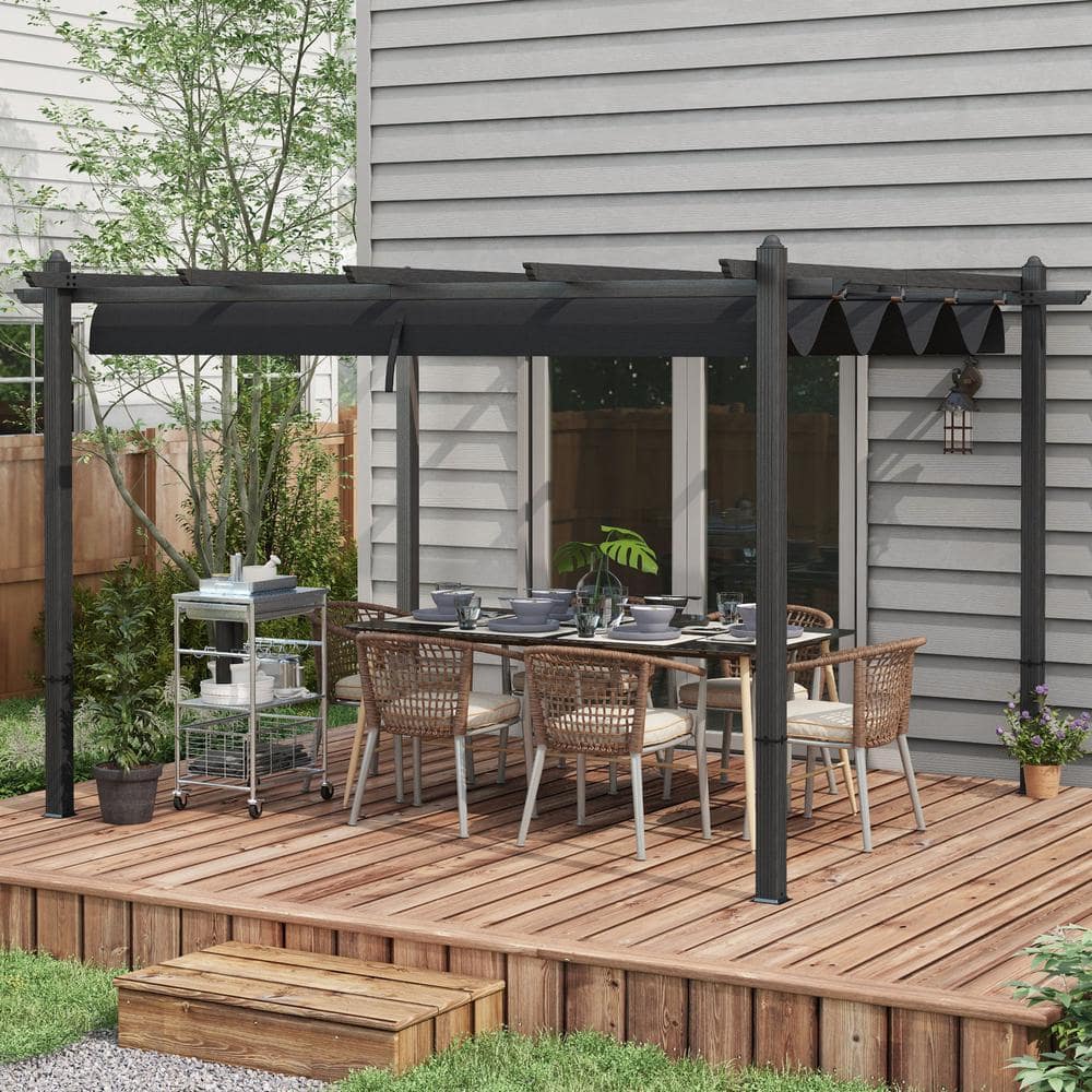 Gray Aluminum 10' x 13' Retractable Pergola with Canopy