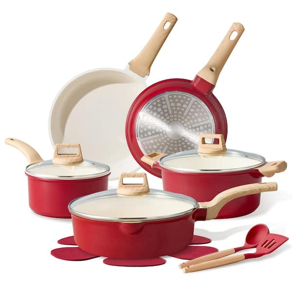 14 Piece Nonstick Kitchen Cooking Cookware Set with Utensils and Pan Protectors in Red for Cooking Daily Meal