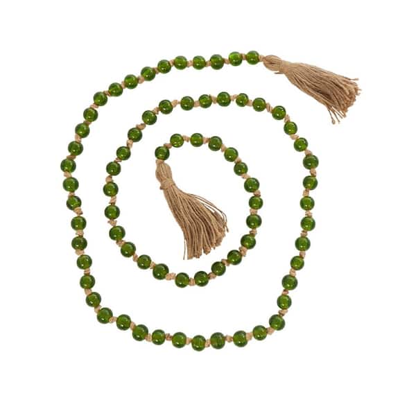 Litton Lane Green Handmade Glass Round Long Beaded Garland with Tassel with Knotted Brown Jute