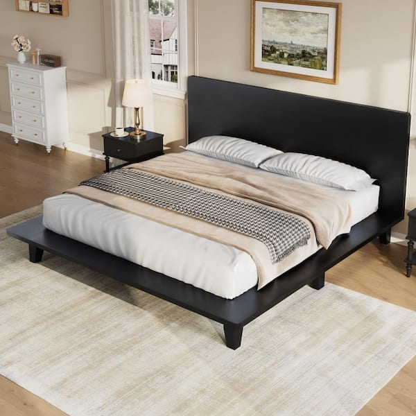 Black Pine Wood Frame Queen Size Platform Bed with Wooden Slat Support