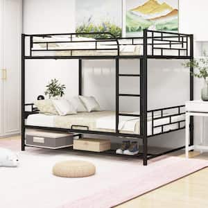 Detachable Black Full over Full Metal Bunk Bed with Under-Bed Shelf and Full-Length Guardrails for Upper Bed