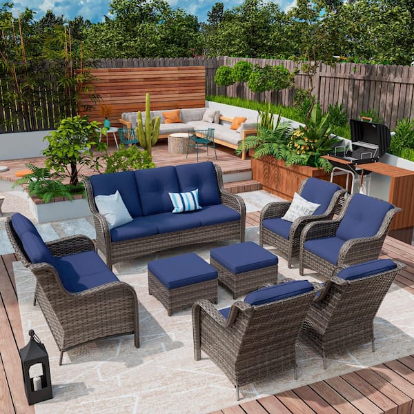 MeetLeisure 8-Piece Wicker Patio Conversation Set Yard Garden Porch with Blue Cushions
