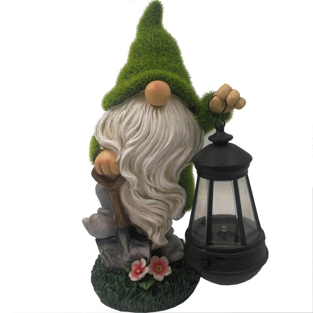 Solar 11 in. Bearded Grassy Shoveling Gnome in Green and White