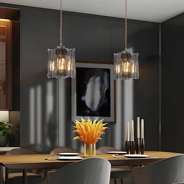 Echonalyri Modern 1-Light Satin Gold Square Pendant Light with Smoky Gray Texture Glass Shade for Kitchen, Dining Room