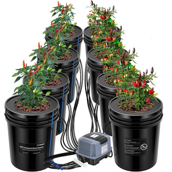 VIVOSUN 5 Gal. Black DWC Hydroponics Grow System Deep Water Culture Bucket with Recirculating Drip Garden Kit (8-Pack)