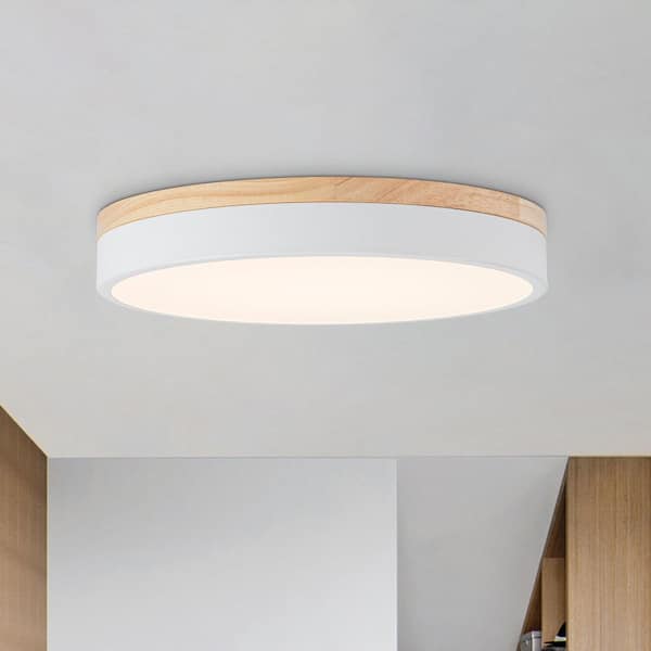 HUOKU Lumin 1-Light 15.7 in. W Matte White Selectable CCT Color Changing LED Round Wood Ceiling Flush Mount Light Fixture