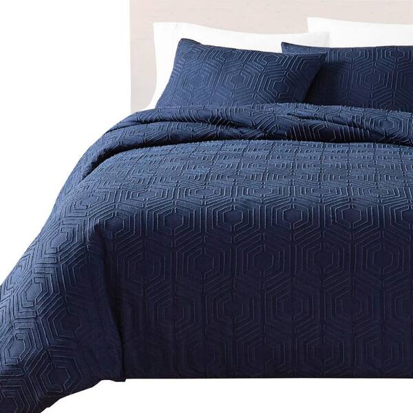 Benjara Jose 3- Piece Navy Blue Solid Print Polyester Queen Comforter Set