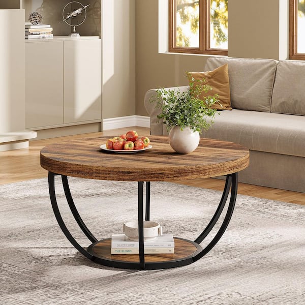 Allan 31.7 in. Rustic Brown Round Wood Coffee Table with Storage Shelf, Industrial Center Table for Living Room