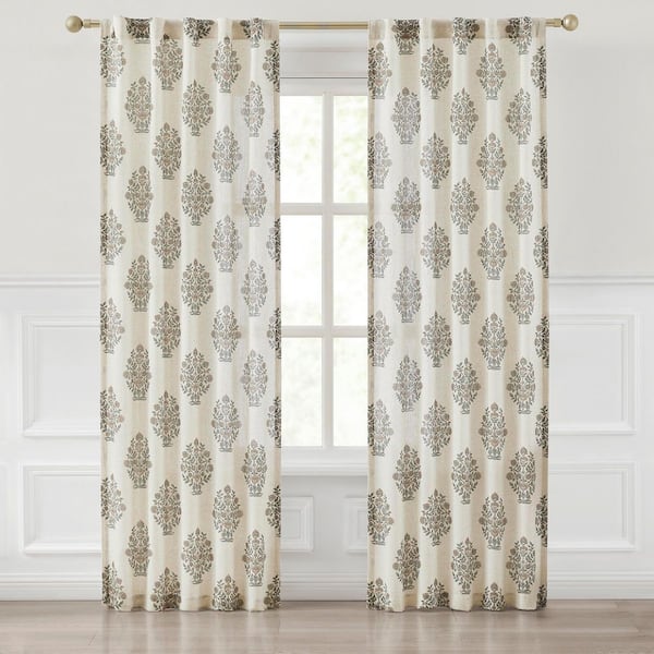 Sofia Flower Block Bouque Clay/Teal Faux Linen 37 in. W x 84 in. L Rod Pocket Light Filtering Curtain (Set of 2)
