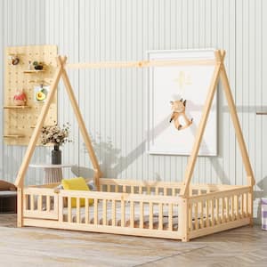 Tent Style Natural Wood Frame Full Size Platform Bed, Teepee Bed with Fence Bedrails, Doors