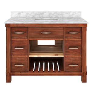 48 in. W x 22 in. D x 35.4 in. H 1-Sink Freestanding Bath Vanity in Brown with White Carrara Marble Top [Free Faucet]