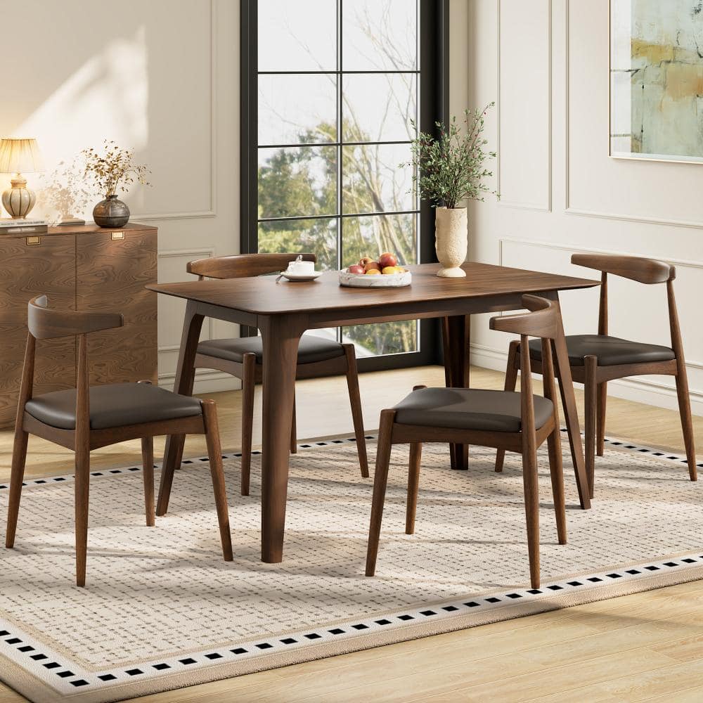 5-Piece Walnut Wood Top Dining Table Set Seating 4 with Brown Cushions