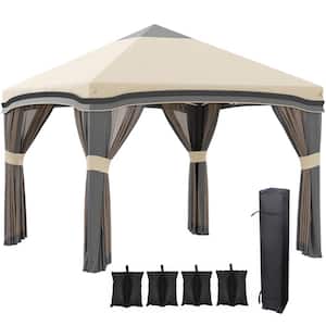 10 ft. x 10 ft. Beige Pop Up Height Adjustable Canopy Tent with Netting, Wheeled Carry Bag and 4 Sandbags