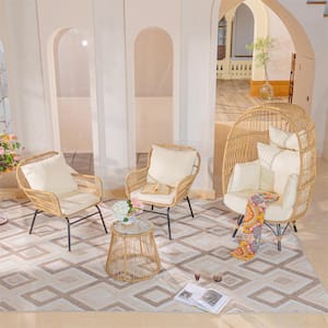 Boho 4 Piece Beige Wicker Patio Outdoor Oversized Bistro Chair Set with Glass Table and Egg Chair with Beige Cushions