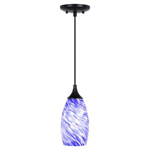 Milano 1-Light Matte Black Mini Pendant Ceiling Light with Blue Swirl Art Glass