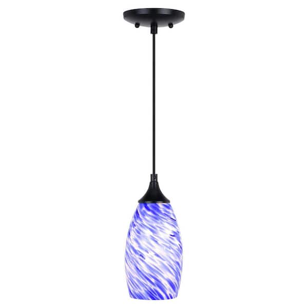 VAXCEL Milano 1-Light Matte Black Mini Pendant Ceiling Light with Blue Swirl Art Glass
