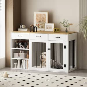 Large Dog Crate Furniture, Indoor Pet Crate End Table Decorative Dog Kennel Dog Cage with 3-Drawers and 3-Shelves, White
