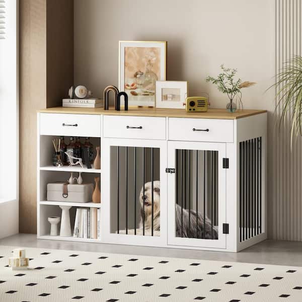 FUFU&GAGA Large Dog Crate Furniture, Indoor Pet Crate End Table Decorative Dog Kennel Dog Cage with 3-Drawers and 3-Shelves, White
