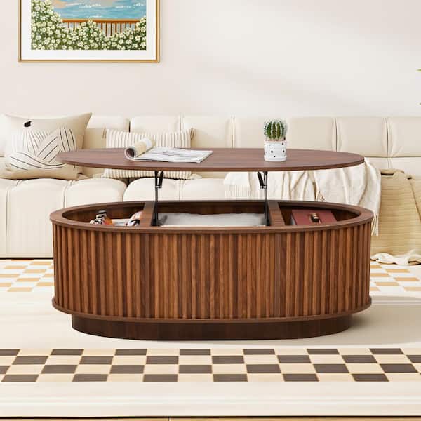 43.3" Walnut Fluted Lift Top Oval Coffee Table with Divided Hidden Storage, MDF Coffee Table with Ribbed Panel Brand