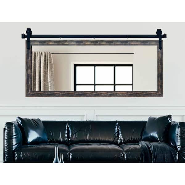 (60 in. W x 31 in. H) Brushed Brown Accent Mirror with Steel Barn Door Rail