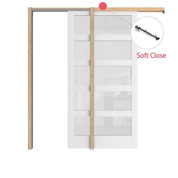 30 in. x 80in. 5 Lite Frosted Glass White Primed Wood Pocket Door with Soft Close, Frame and Hardware Kit Set